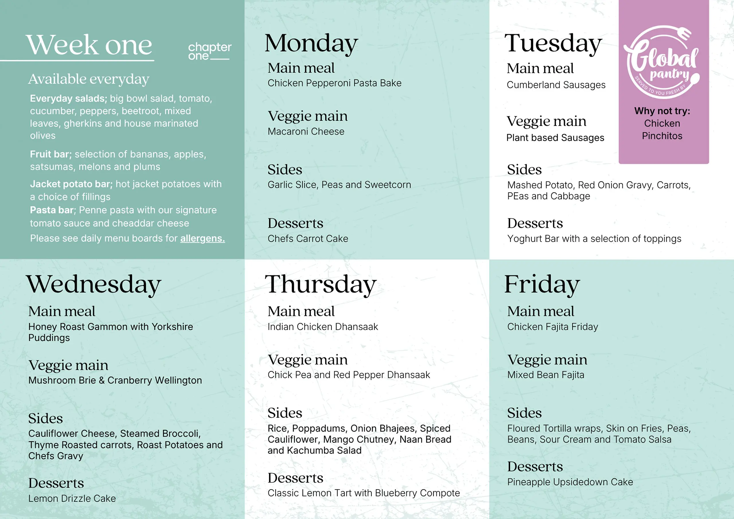 Moon Hall School Autumn Term 2026/27 Week One menu grid detailing daily meal choices