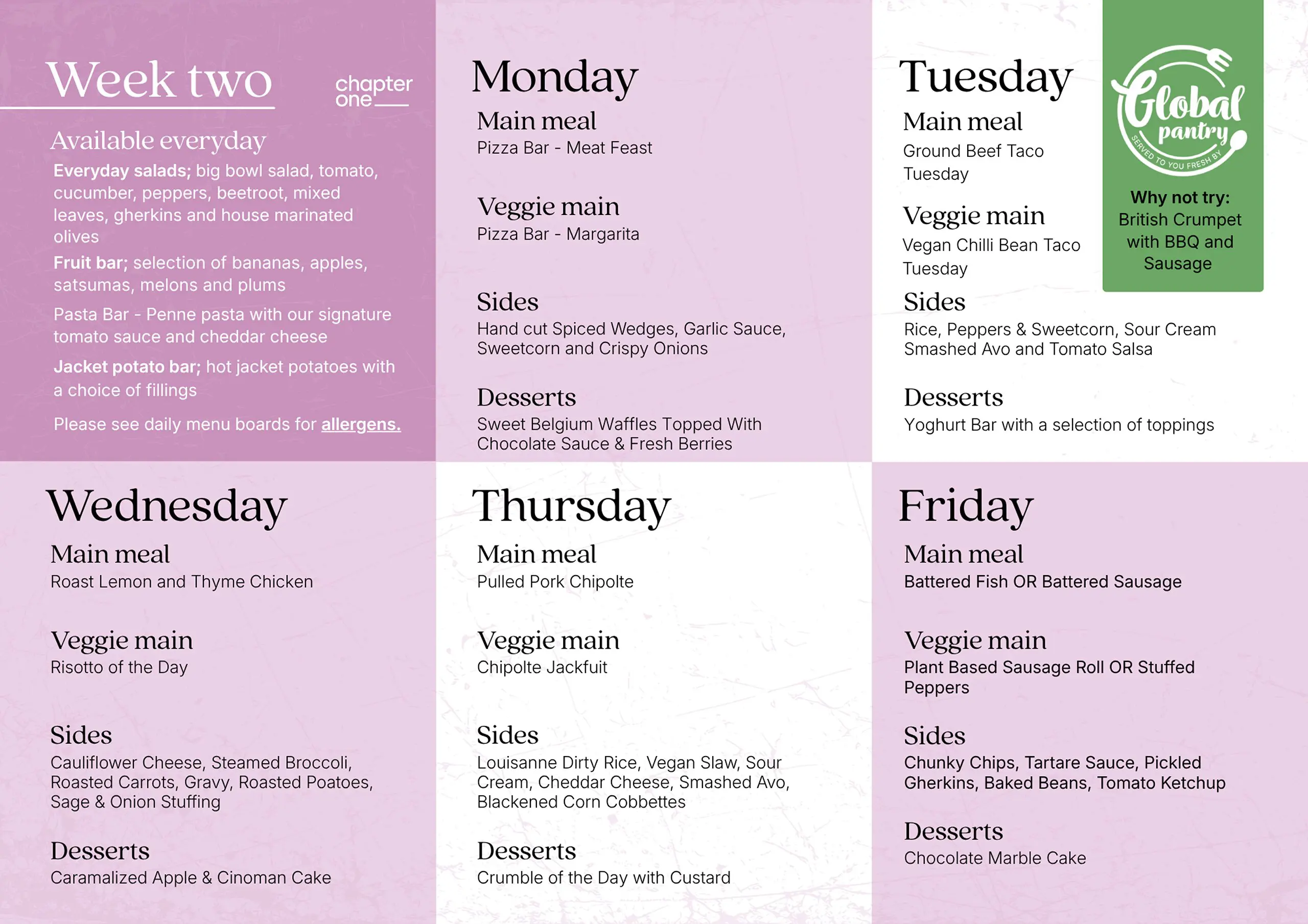 Moon Hall School Autumn Term 2026/27 Week Two menu grid detailing daily meal choices