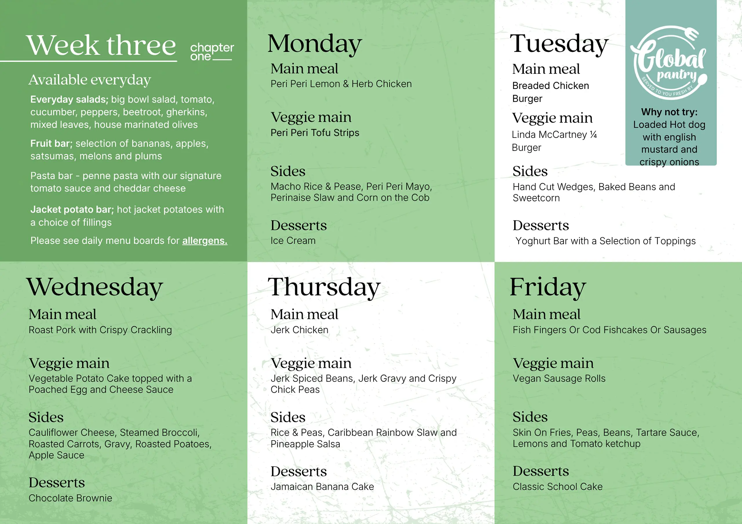 Moon Hall School Autumn Term 2026/27 Week Three menu grid detailing daily meal choices