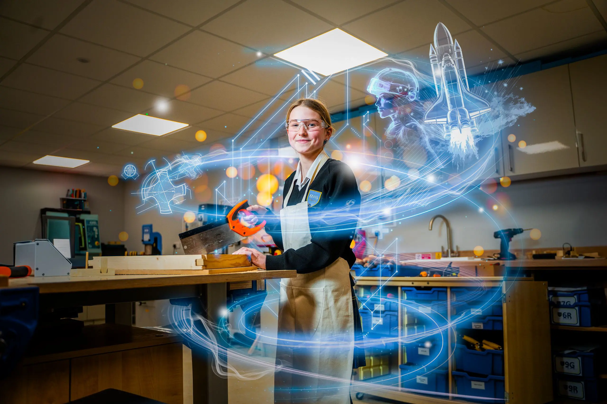 Student wearing an apron in a design and technology workshop surrounded by glowing digital science graphics