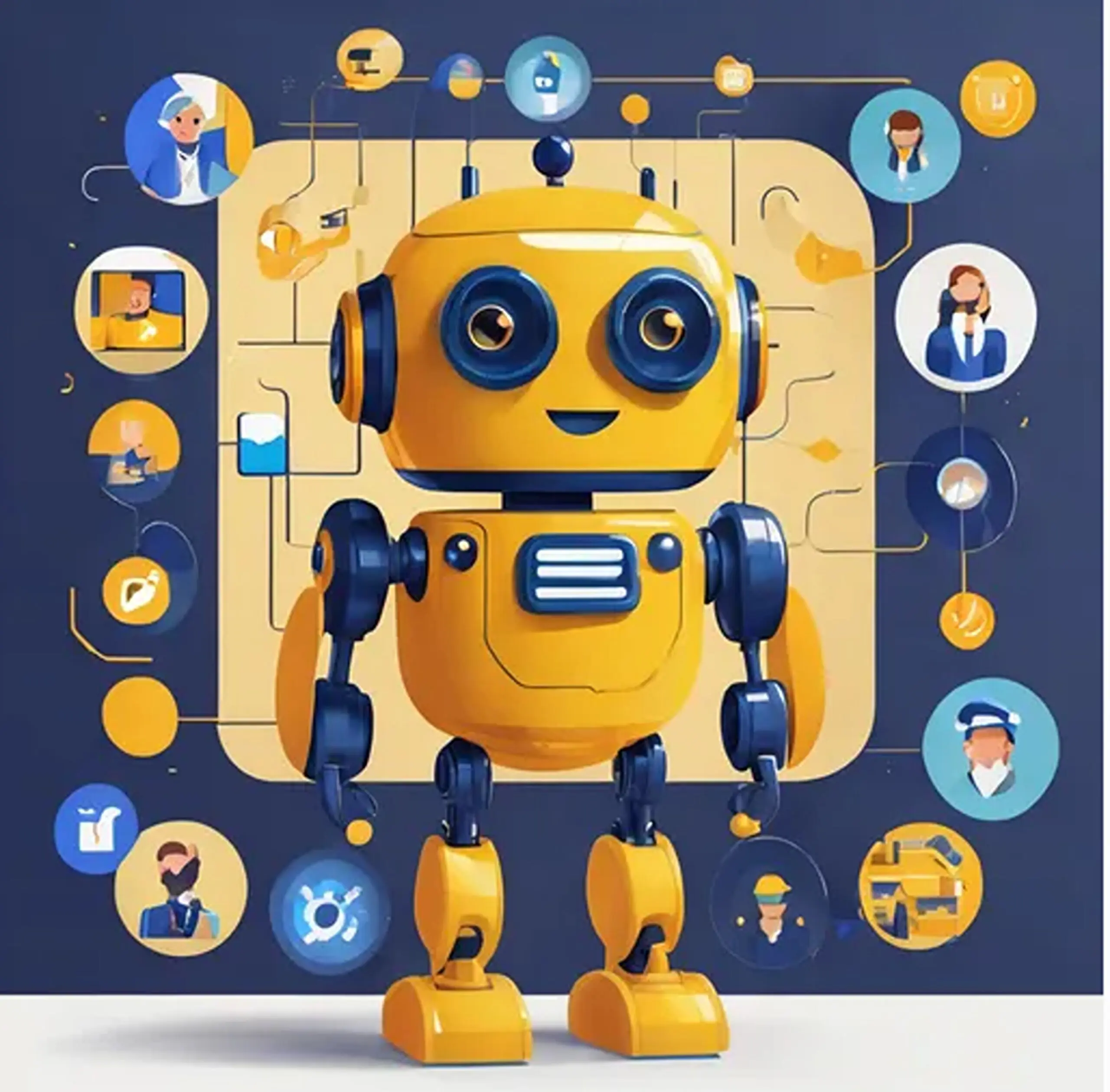3D illustration of a friendly yellow robot surrounded by floating tech icons