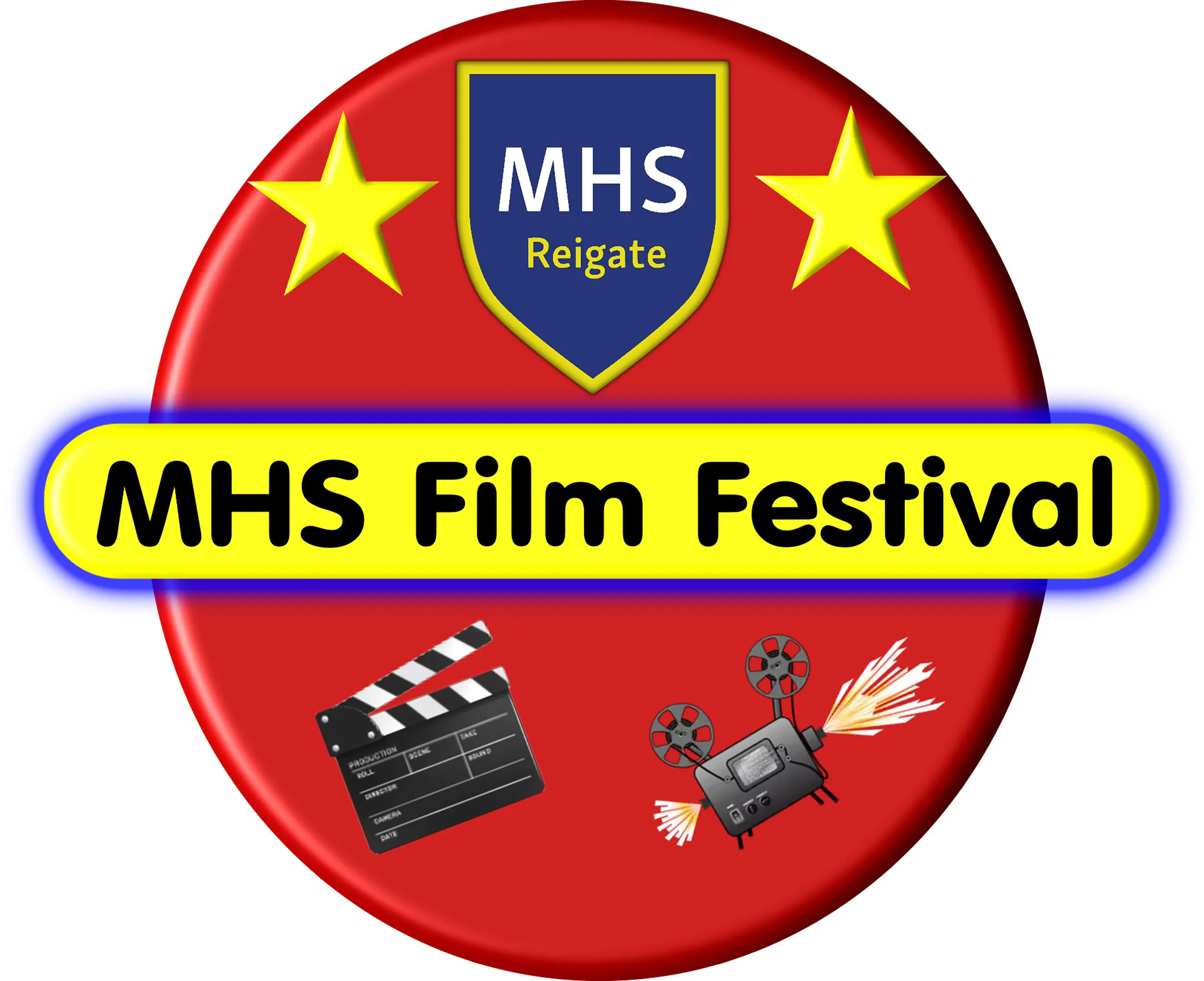 Circular MHS Film Festival badge featuring a VHS tape icon, film cameras, and stars