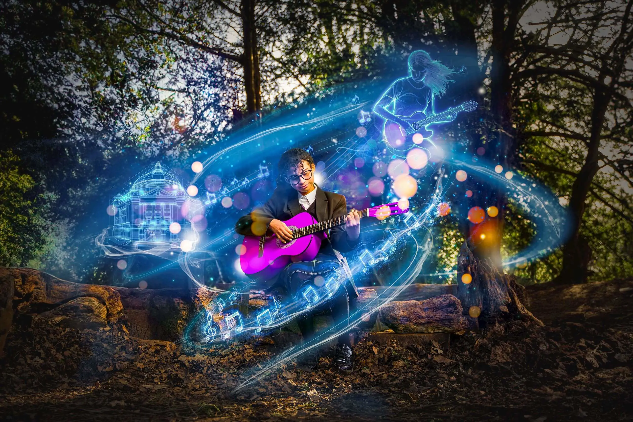 Male pupil playing a bright pink acoustic guitar outdoors surrounded by glowing digital musical notes and stage lighting graphics