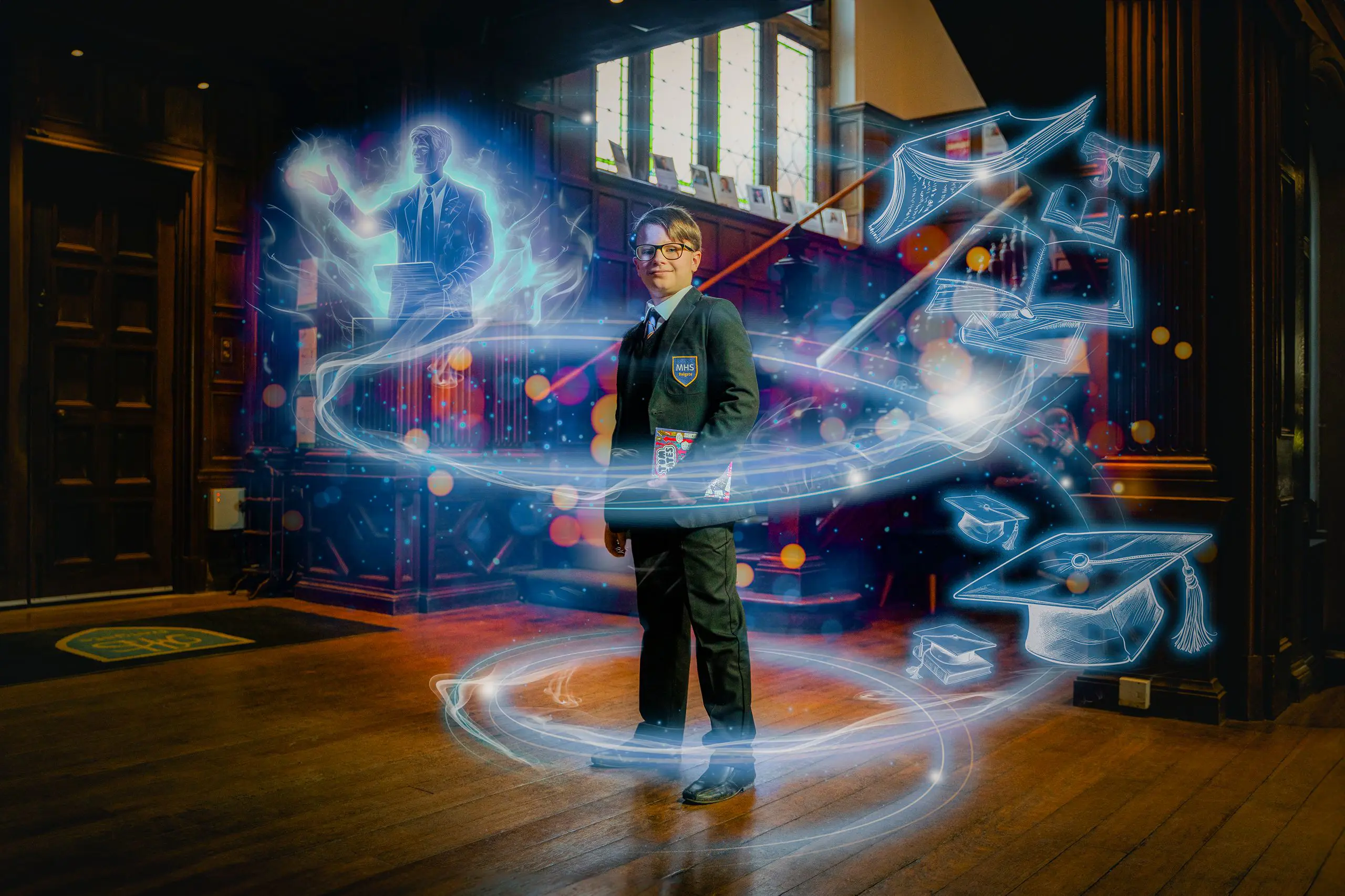 Young student wearing glasses and school uniform standing in a wood-panelled hall, surrounded by glowing digital swirls, books, and graduation caps