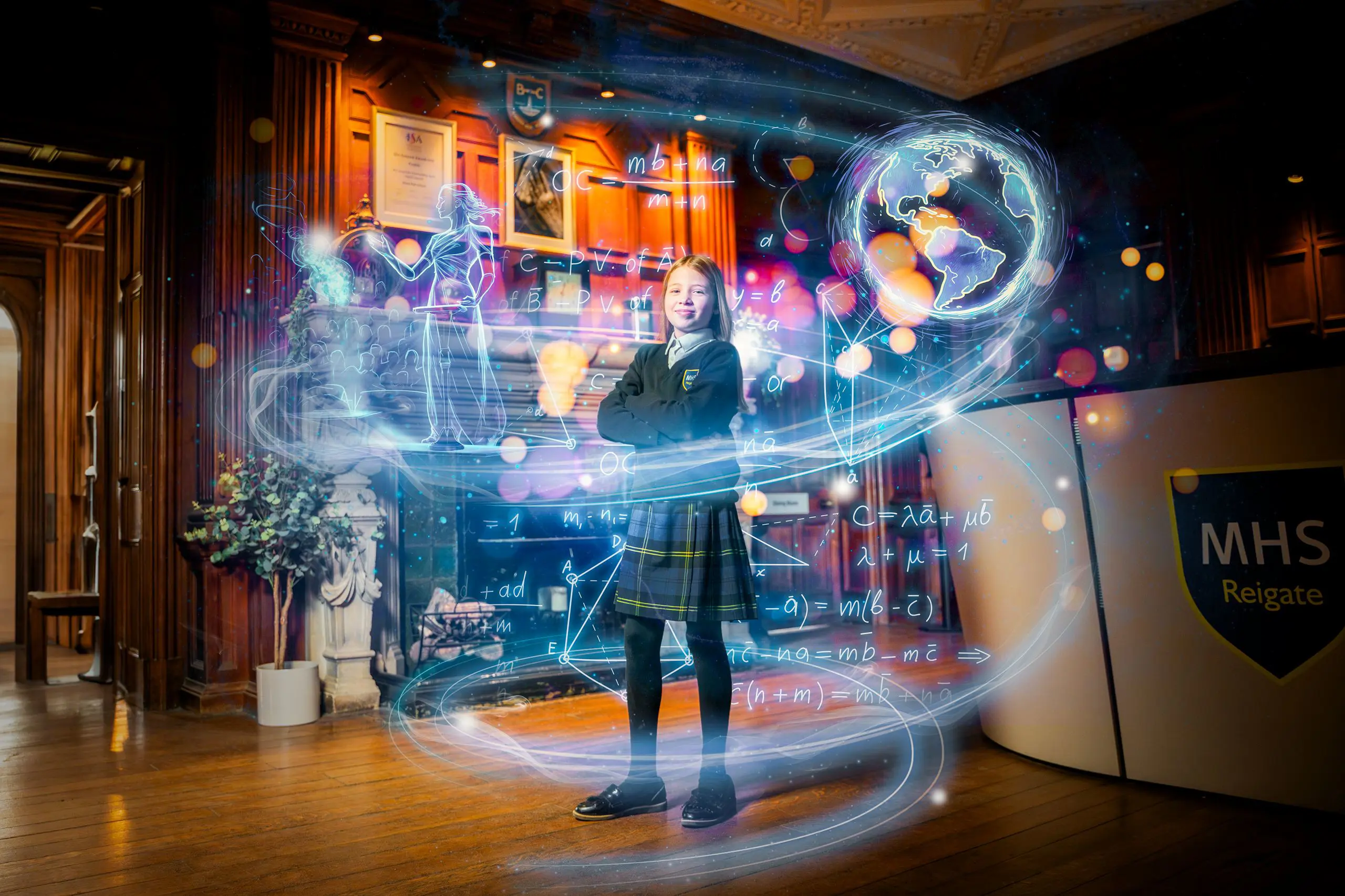Female pupil standing in the grand school entrance hall surrounded by futuristic glowing educational graphics and icons