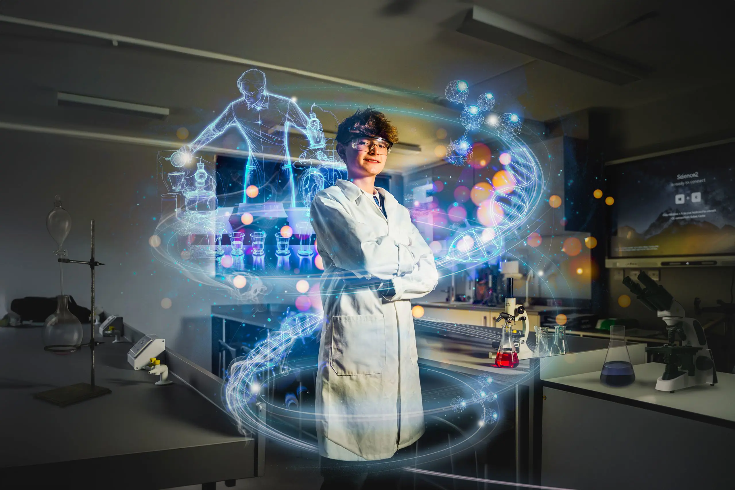 Pupil standing in a science laboratory surrounded by glowing interactive 3D science graphics and molecular diagrams