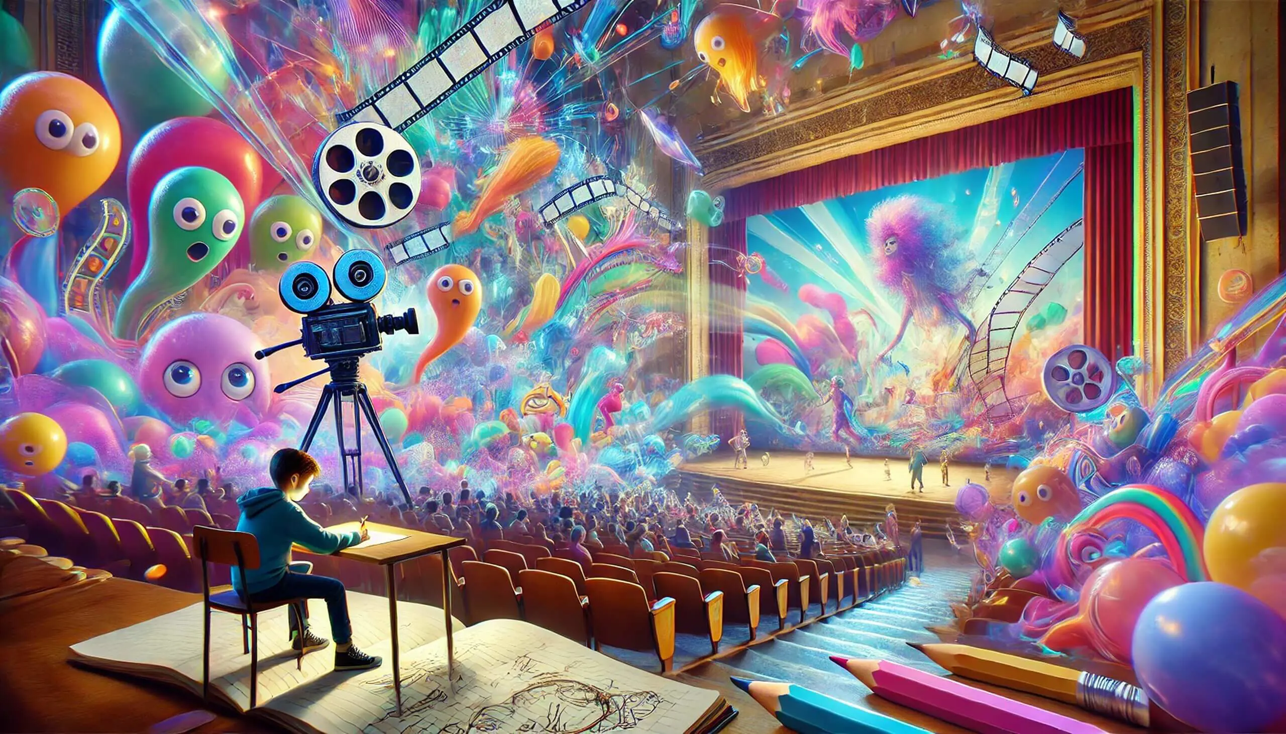 Colorful, vibrant illustration of a cinema auditorium filled with whimsical cartoon characters, balloons, film reels, and oversized art supplies