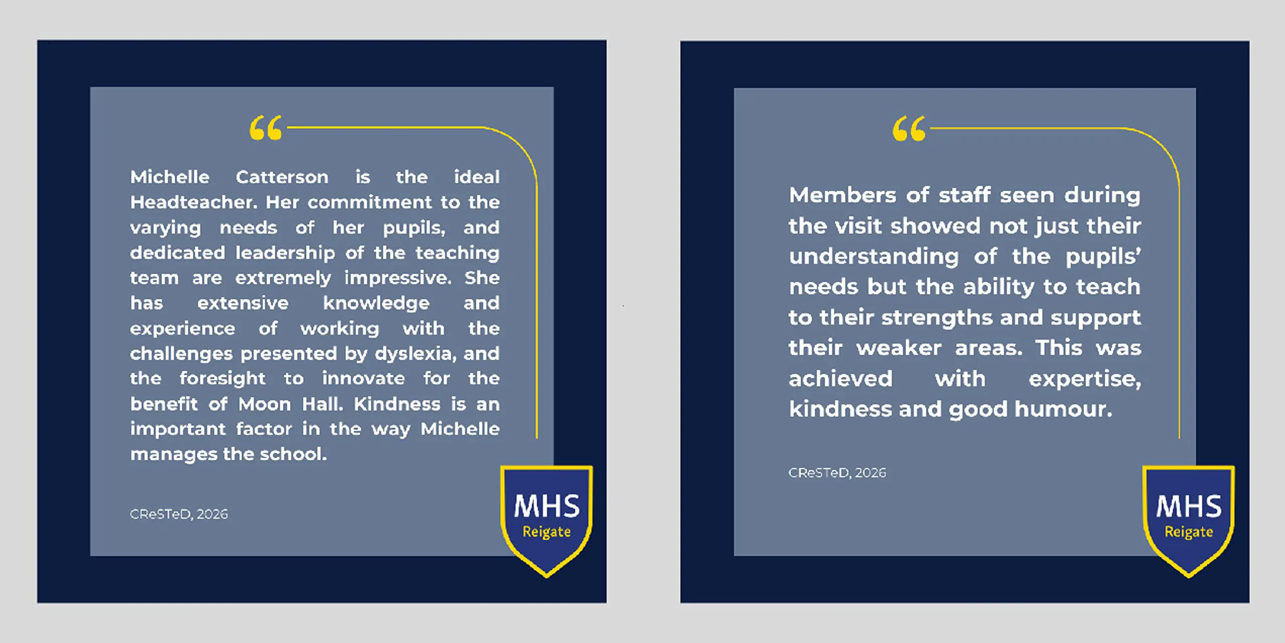Grid of two navy testimonial cards displaying quotes from inspection reports highlighting pupil progress and specialist teaching at Moon Hall School