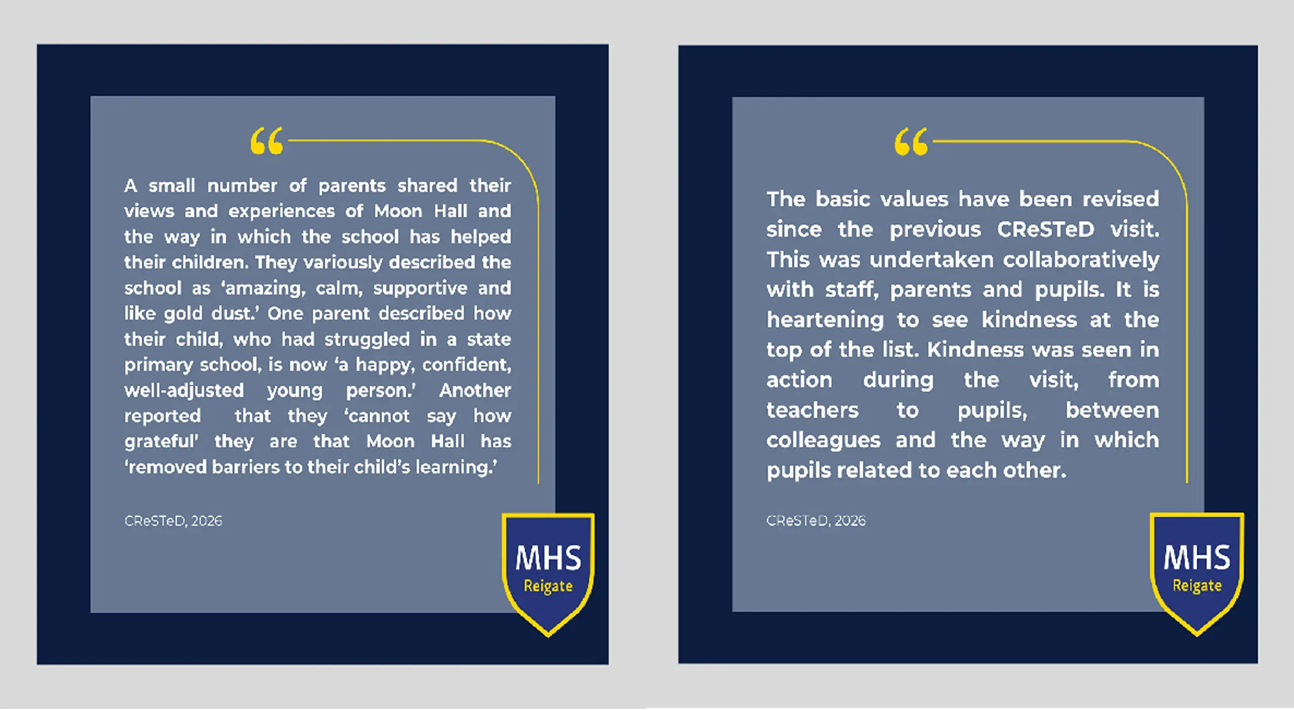 Grid of two navy testimonial cards displaying quotes from inspection reports highlighting pupil progress and specialist teaching at Moon Hall School